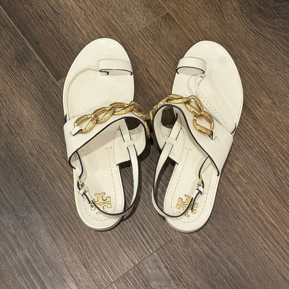 Tory Burch Adrien Sandals 7.5M Ivory White Leather Gold Chain Flat Toe Ring